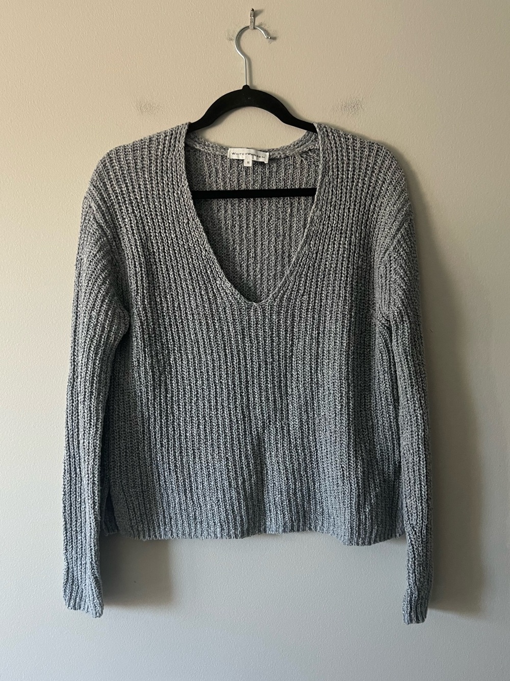 White + Warren Grey Cotton Silk Linen Ribbed V-Neck Sweater Size Medium